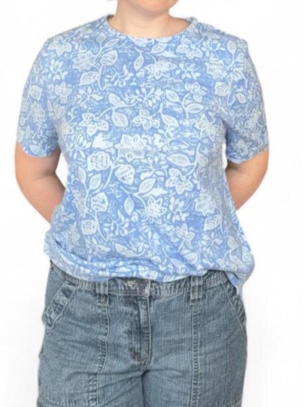 Vintage Tradition Floral Lettuce Edge Tee // Blue Botanical Cottagecore Top XL